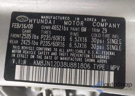 2008 Hyundai Tucson Limited V6/Se z USA, uszkodzony, nr VIN KM8JN12D38U881806